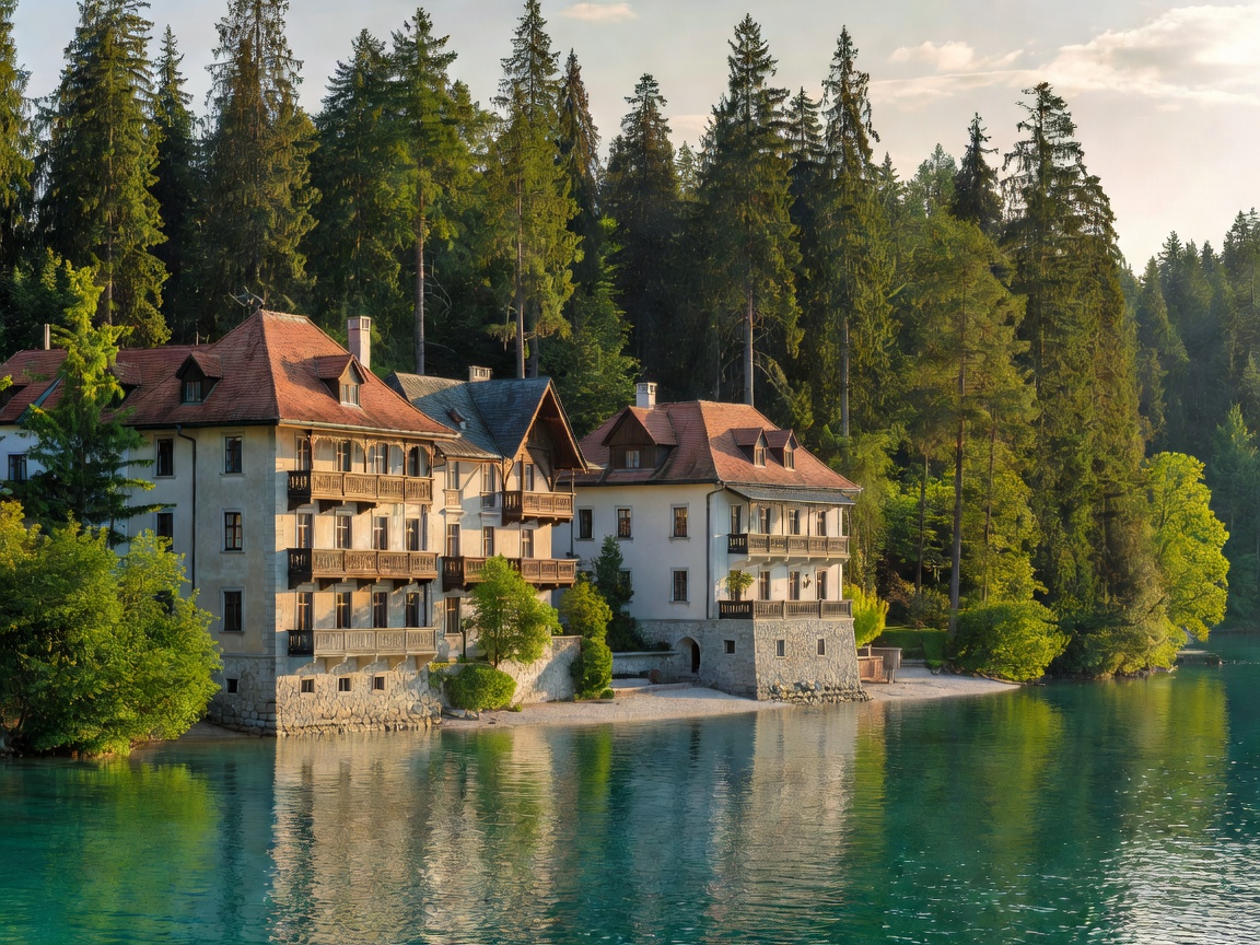 Historic lakeside hotels nestled among tall green pines beside Lake Bled