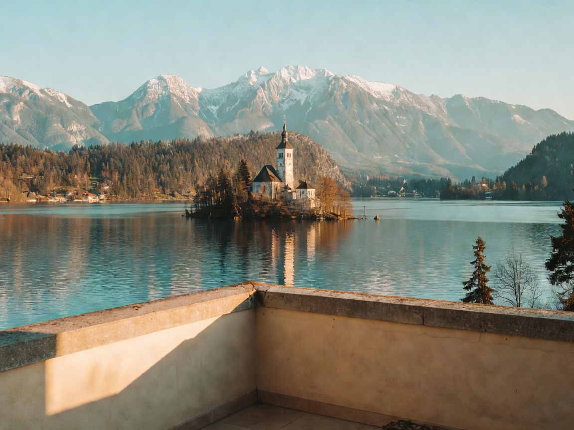 Lake Bled view from a hotel balcony looking towards the island and mountains