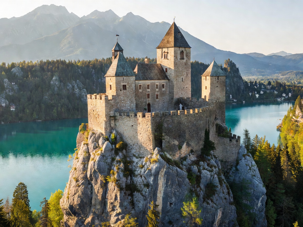 Medieval Bled Castle perched high on a sheer rocky cliff above turquoise water