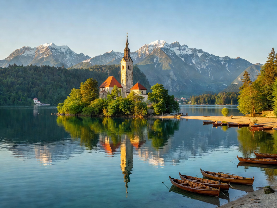 Panoramic scenic view of Lake Bled with the island church and alpine backdrop