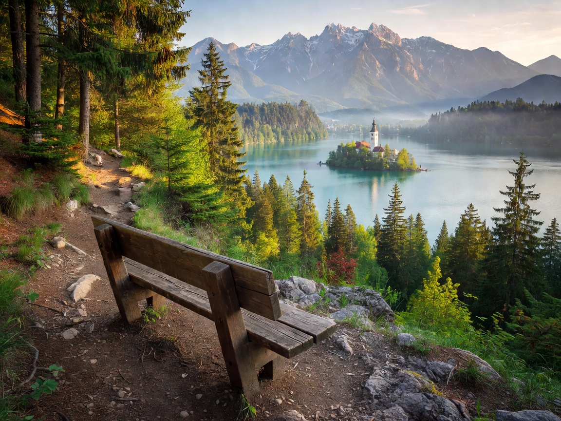 Wooden bench overlooking Lake Bled from an elevated mountain viewpoint trail